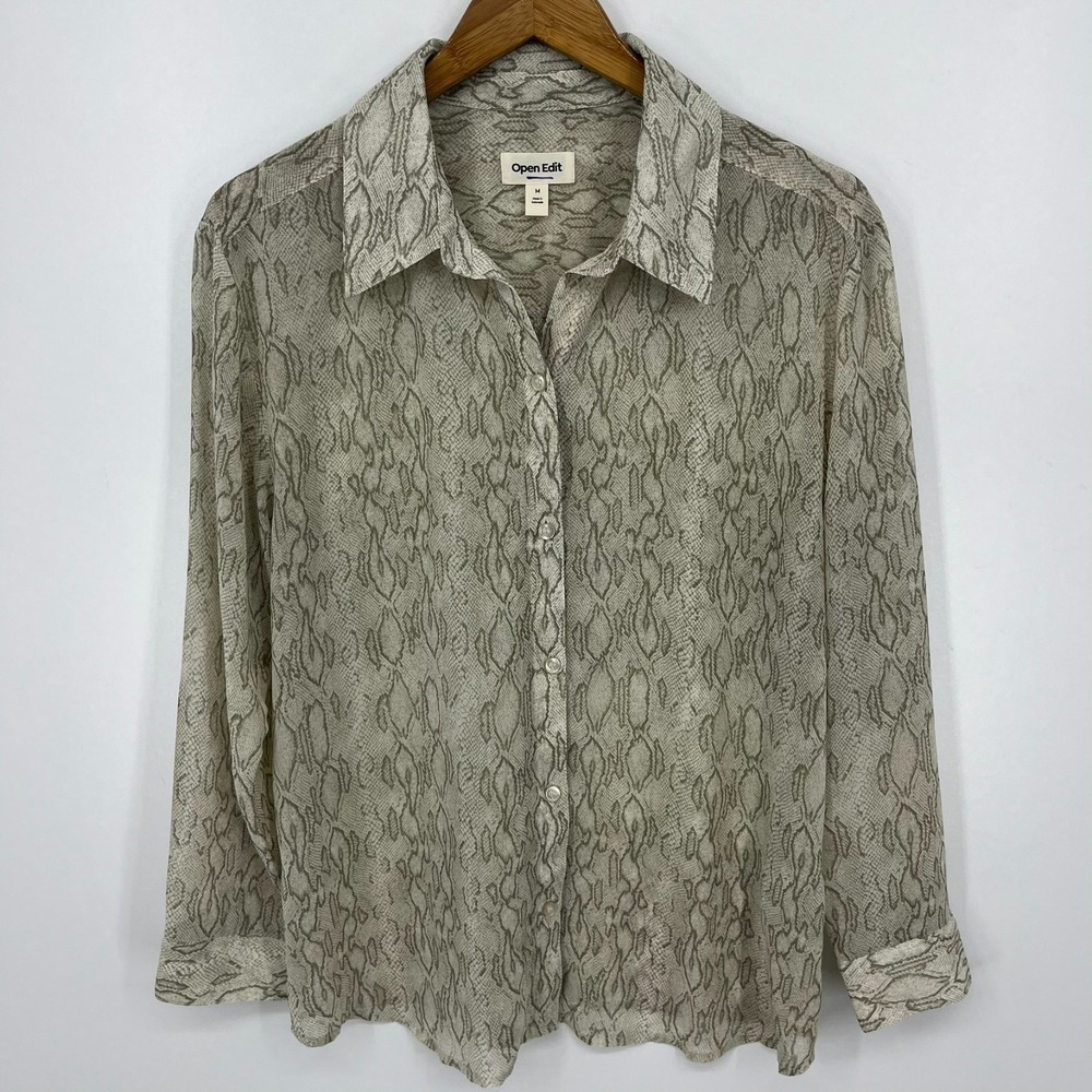 Open Edit Long Sleeve Button Shirt Women's M Gray Python Snake‎ Print Collared